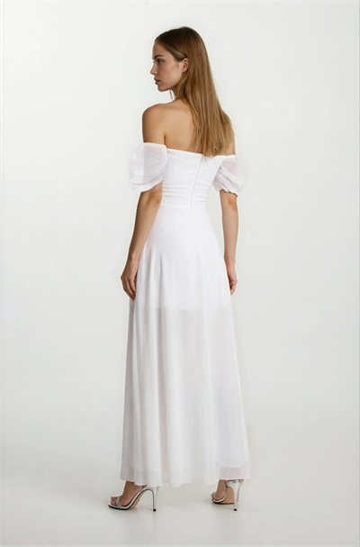 Cliceria U Yaka Beli Drapeli Yırtmaçlı Uzun Abiye Elbise EKRU