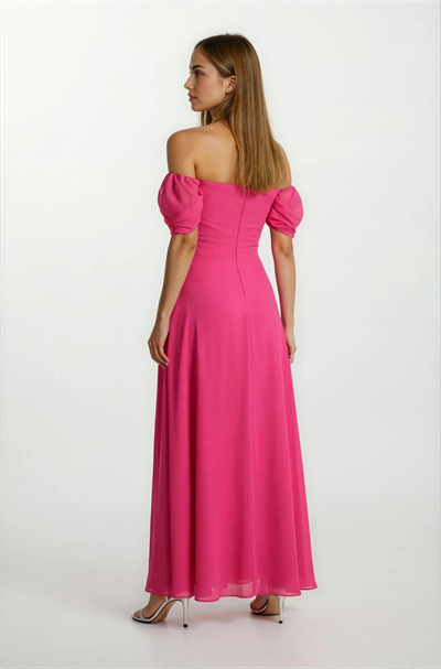 Cliceria U Yaka Beli Drapeli Yırtmaçlı Uzun Abiye Elbise FUŞYA