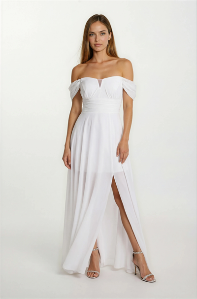 Cliceria U Yaka Beli Drapeli Yırtmaçlı Uzun Abiye Elbise EKRU