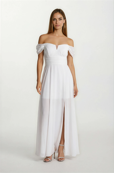 Cliceria U Yaka Beli Drapeli Yırtmaçlı Uzun Abiye Elbise EKRU