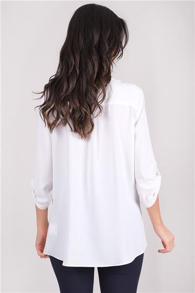 Cluskey V Yaka Katlamalı Kol Bluz EKRU