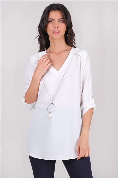 Cluskey V Yaka Katlamalı Kol Bluz EKRU