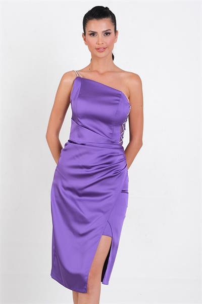 Coletta Yan Çapraz Aksesuar Detaylı Asimetrik Etek Kısa Abiye Elbise MOR