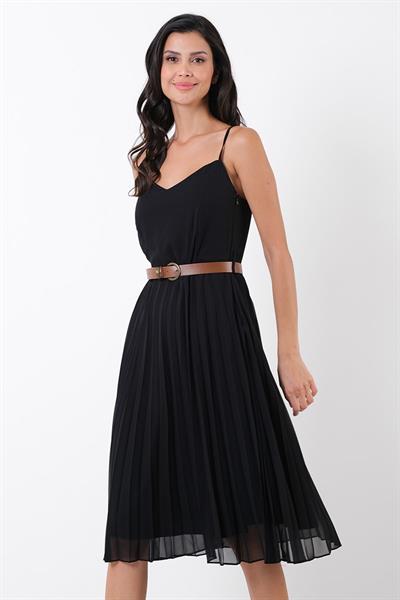 Conetta Piliseli Etekli V Yaka Askılı Elbise SİYAH