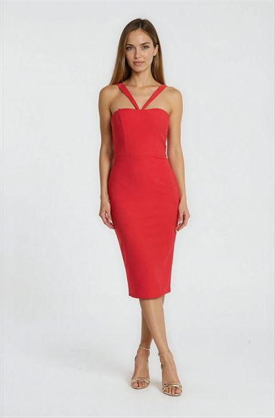 Coralla V Askılı Yaka Elbise KIRMIZI