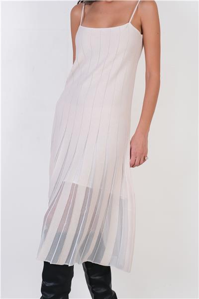 Corrada İnce Askılı Eteği Piliseli Triko Elbise KEMİK