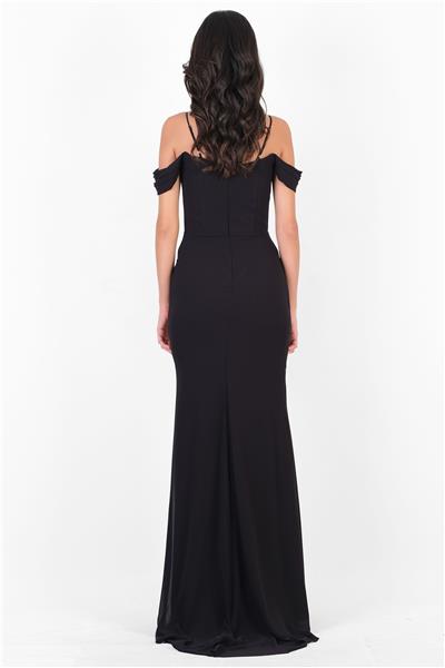 İnce Askılı Düşük Kol Uzun Abiye Elbise SİYAH