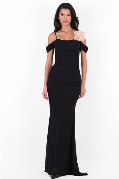 İnce Askılı Düşük Kol Uzun Abiye Elbise SİYAH