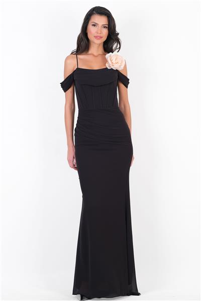 İnce Askılı Düşük Kol Uzun Abiye Elbise SİYAH