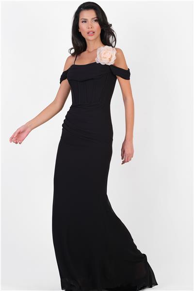 İnce Askılı Düşük Kol Uzun Abiye Elbise SİYAH