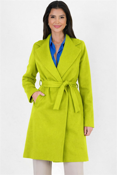 Cosmo Geniş Yaka Kruvaze Kuşaklı Kaban FISTIK YEŞİL