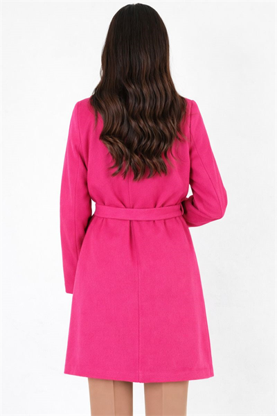 Cosmo Geniş Yaka Kruvaze Kuşaklı Kaban FUŞYA