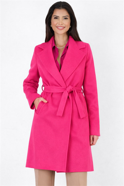 Cosmo Geniş Yaka Kruvaze Kuşaklı Kaban FUŞYA