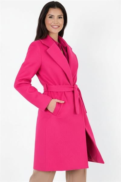 Cosmo Geniş Yaka Kruvaze Kuşaklı Kaban FUŞYA