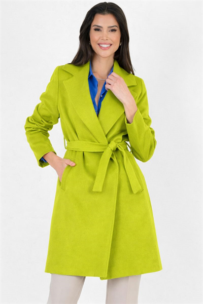 Cosmo Geniş Yaka Kruvaze Kuşaklı Kaban FISTIK YEŞİL