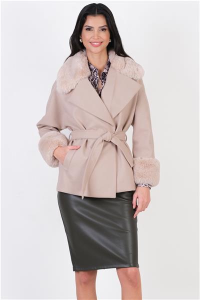 Crispolto Kruvaze Yakası Kolları Kürklü Kaban BEJ