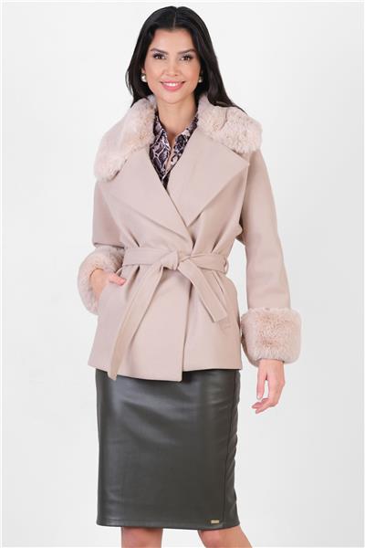 Crispolto Kruvaze Yakası Kolları Kürklü Kaban BEJ