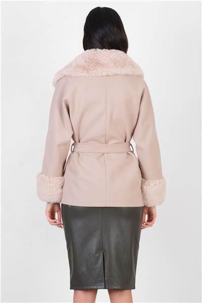 Crispolto Kruvaze Yakası Kolları Kürklü Kaban BEJ