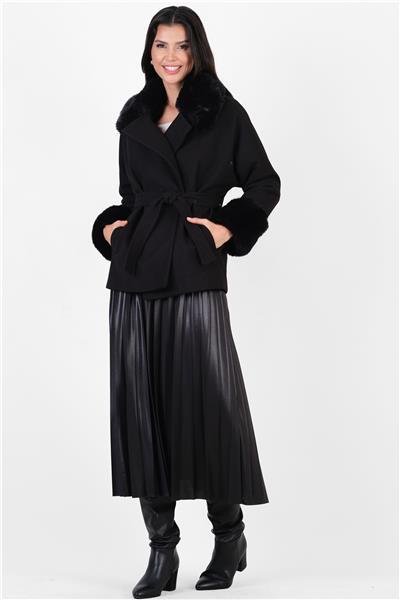 Crispolto Kruvaze Yakası Kolları Kürklü Kaban SİYAH