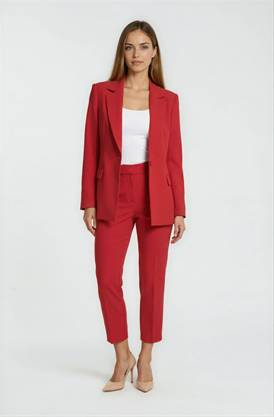 Cristano Klasik Yaka Tek Düğmeli Bele Oturan Kadın Blazer Ceket KIRMIZI