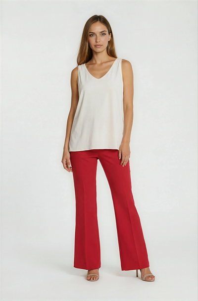 Cristano Yüksek Bel Önden Fermuarlı Ütü Çizgili Geniş Paça Kadın Kumaş Pantolon KIRMIZI