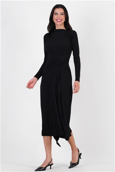 Cristiana Yakasız Beli Drapeli Uzun Abiye Elbise SİYAH