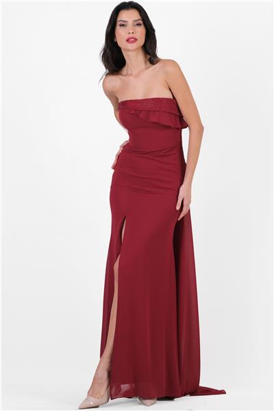Crocina Devrik Straplez Yaka Taşlı Yırtmaçlı Uzun Abiye Elbise BORDO