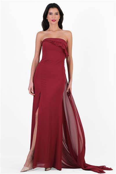 Crocina Devrik Straplez Yaka Taşlı Yırtmaçlı Uzun Abiye Elbise BORDO