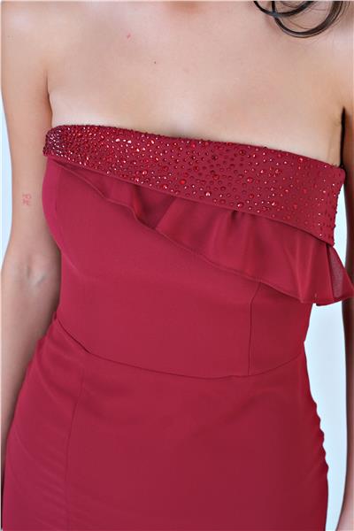 Crocina Devrik Straplez Yaka Taşlı Yırtmaçlı Uzun Abiye Elbise BORDO