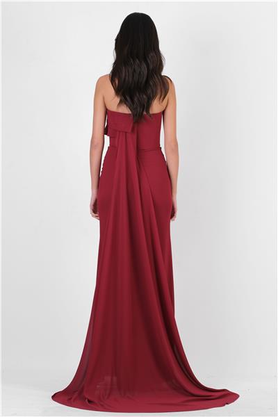 Crocina Devrik Straplez Yaka Taşlı Yırtmaçlı Uzun Abiye Elbise BORDO