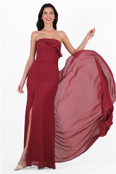 Crocina Devrik Straplez Yaka Taşlı Yırtmaçlı Uzun Abiye Elbise BORDO