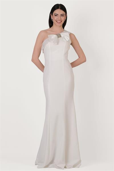 Cruciano Fiyonklu Straplez Yaka Uzun Abiye Elbise EKRU