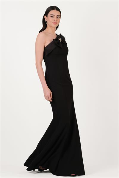 Cruciano Fiyonklu Straplez Yaka Uzun Abiye Elbise SİYAH