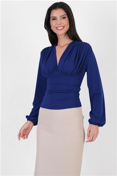 Cusmano V Yaka Göğüs Altı Büzgülü Bluz SAKS