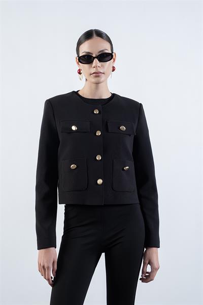 Dalciso Yakasız Cepli Düğmeli Kısa Ceket SİYAH