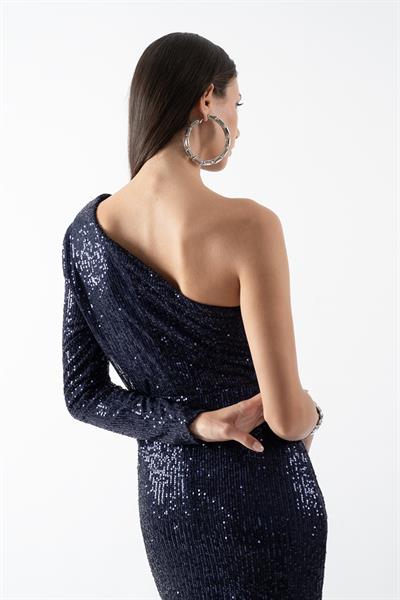 Dalmiro Tek Kol Omuz Büzgülü Straplez Kısa Abiye Elbise LACİVERT