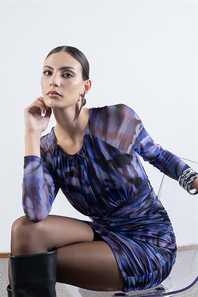 Damasca Yuvarlak Yaka Büzgülü Tül Elbise MOR