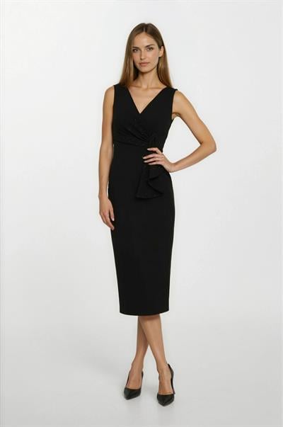 Daniele Kruvaze Yaka Bel Pileli Mendil İnci İşlemeli Midi Abiye Elbise SİYAH