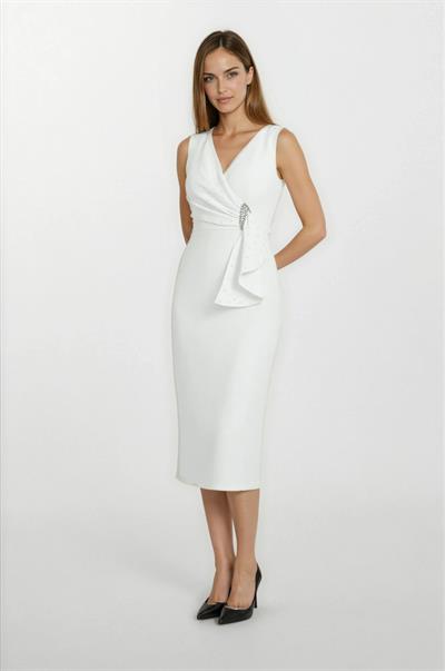 Daniele Kruvaze Yaka Bel Pileli Mendil İnci İşlemeli Midi Abiye Elbise EKRU