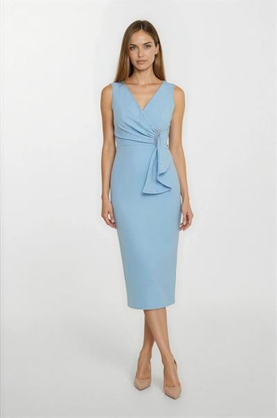 Daniele Kruvaze Yaka Bel Pileli Mendil İnci İşlemeli Midi Abiye Elbise MAVİ