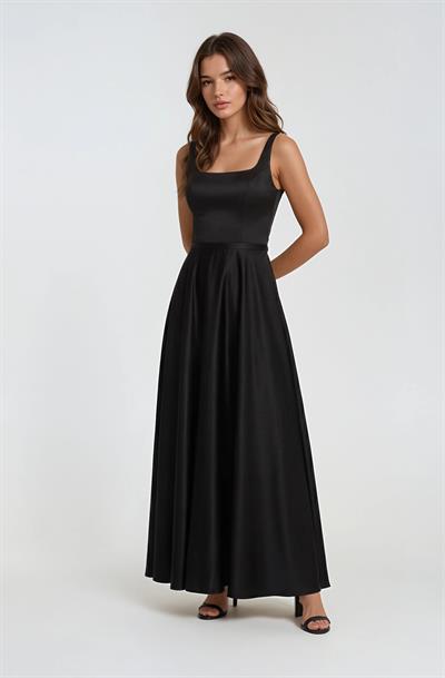 Saten Uzun Kare Yaka Sırt Bağcıklı Abiye Elbise SİYAH