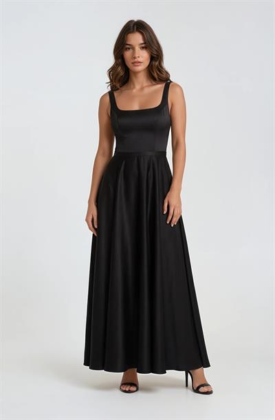 Saten Uzun Kare Yaka Sırt Bağcıklı Abiye Elbise SİYAH