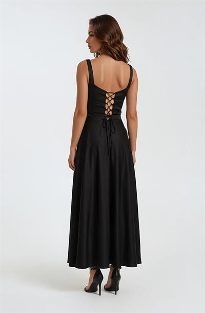 Saten Uzun Kare Yaka Sırt Bağcıklı Abiye Elbise SİYAH