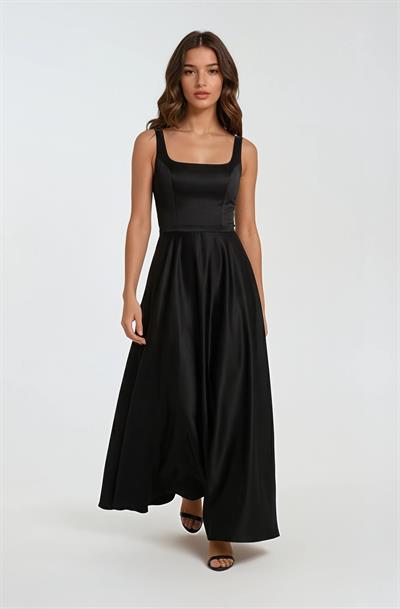 Saten Uzun Kare Yaka Sırt Bağcıklı Abiye Elbise SİYAH