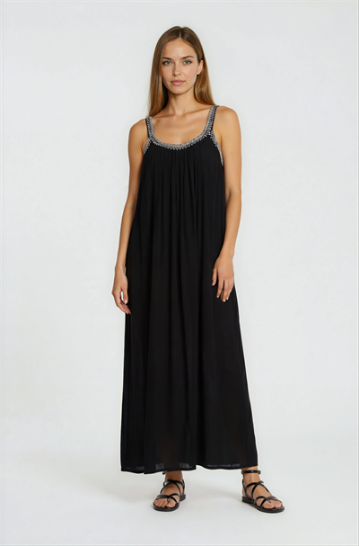 Danio U Yaka Nakışlı Askılı Elbise SİYAH