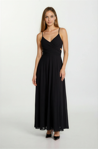 Dantino V Yaka Yırtmaçlı Bel Yanlar Açık Uzun Abiye Elbise SİYAH