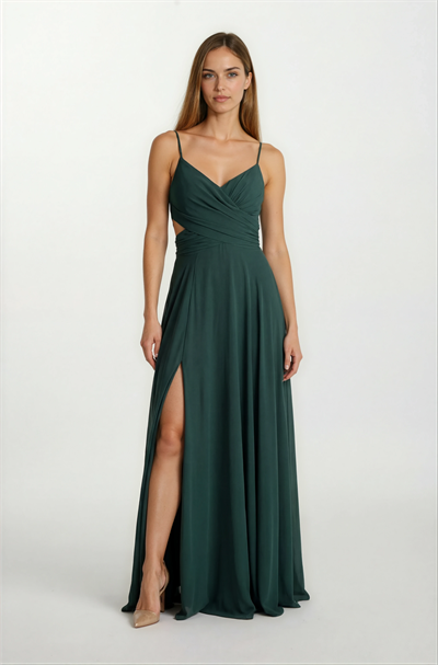 Dantino V Yaka Yırtmaçlı Bel Yanlar Açık Uzun Abiye Elbise YEŞİL