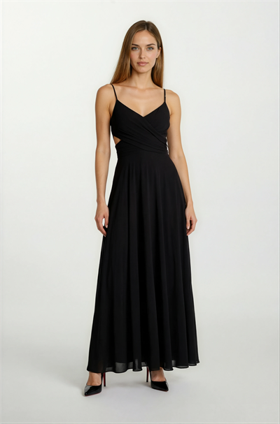 Dantino V Yaka Yırtmaçlı Bel Yanlar Açık Uzun Abiye Elbise SİYAH