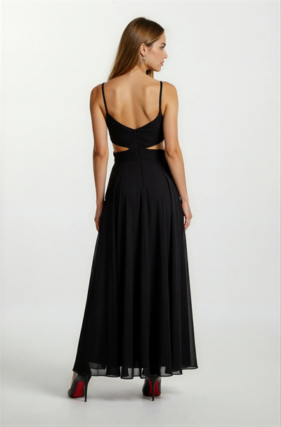 Dantino V Yaka Yırtmaçlı Bel Yanlar Açık Uzun Abiye Elbise SİYAH