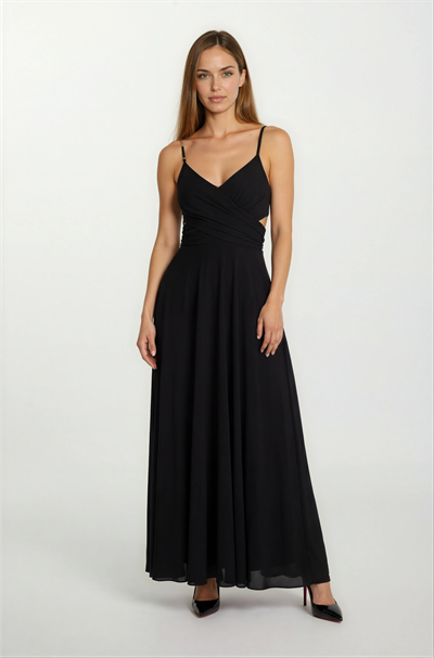 Dantino V Yaka Yırtmaçlı Bel Yanlar Açık Uzun Abiye Elbise SİYAH